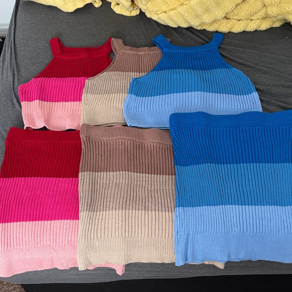Colorful Striped Knit Tank Tops and skirts set
